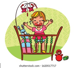 Little girl crying in a crib or playpen, asks her mother to take her in his arms