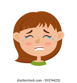 Little girl crying face expression, cartoon vector illustrations isolated on white background. Kid emotion face icons, facial expressions.