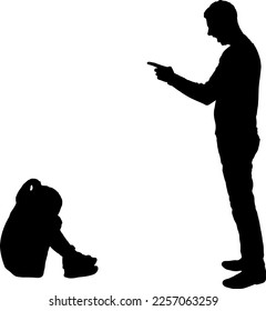 Little girl is crying and her dad yelling at her. Vector Silhouette. Concept of child abuse and bullying