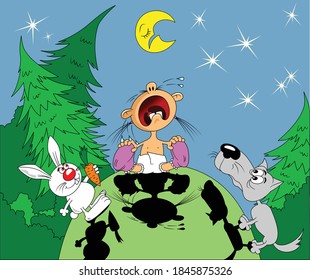 little girl crying at night under the moon, vector and illustration