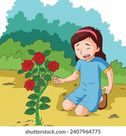 Little girl crying in pain due to rose thorn vector illustration