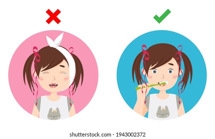 Little Girl Crying Of Toothache And Girl Brushing Teeth. Dental Care Vector Illustration.