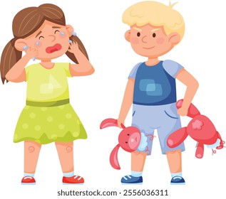 Little girl is crying and wiping tears, while boy is holding two halves of a broken toy rabbit, bad boy behavior, conflict between children, bullying at playground