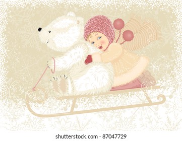 Little girl with cub polar bear sledding