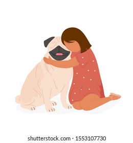 Little girl cuddling pug. Flat modern trendy style.Vector illustration character icon. Isolated on white background. 