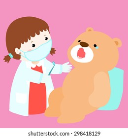 little girl cure doll have tooth decay vector illustration