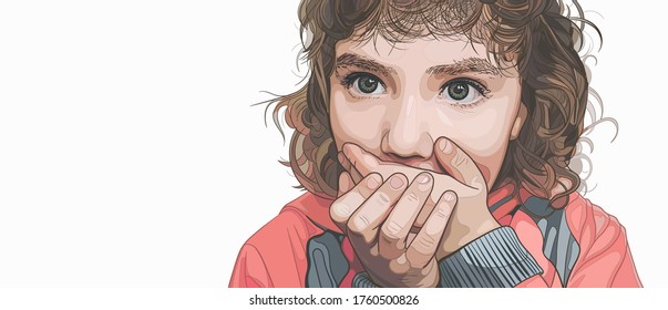 Little girl with curly hair covered her mouth with her hands. Child surprised or scared. Vector illustration on the white background. Concept of domestic violence, stuttering and secret. Copy space.