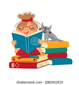 Little girl and cute cat read books. Different color books, happy smart kid and kitten in library, concept of education. Cartoon character, hand drawn flat vector illustration isolated on white. 