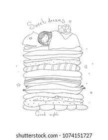 A little girl and cute cat are sleeping on the bed. Good night. Sweet dreams. Vector illustration. bed time. Isolated objects on white background. Happy animals. Princess on the Pea
