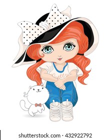 little girl and cute cat vector illustration 