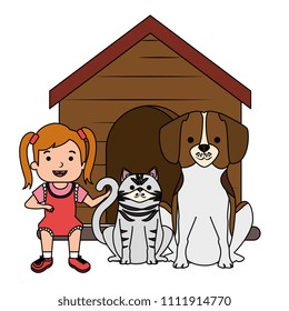 little girl with cute dog and cat