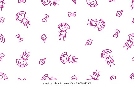 Little girl and cute items doodle cartoon pattern