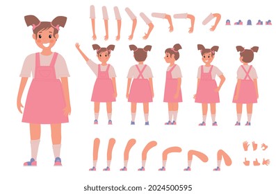 Little girl in cute pink dress constructor for animation on white background. Front, side and back view. Smiling kid in different postures. Body parts collection. Flat cartoon vector illustration.