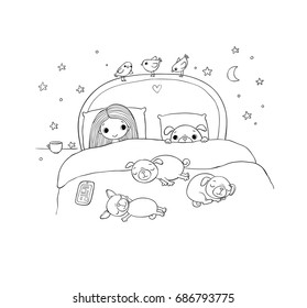 Little girl and cute pug.Good night. Sweet dreams. Vector illustration. bed time. Isolated objects on white background. 