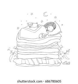 A little girl and cute pugs are sleeping on the bed.Good night. Sweet dreams. Vector illustration. bed time. Princess and the Pea. Isolated objects on white background. 