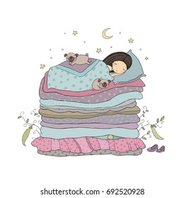 A little girl and cute pugs are sleeping on the bed. Good night. Sweet dreams. Vector illustration. bed time. Isolated objects on white background. Happy dogs. Princess on the Pea