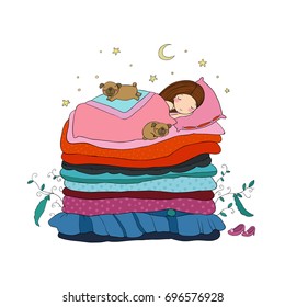 A little girl and cute pugs are sleeping on the bed. Good night. Sweet dreams. Vector illustration. bed time. Isolated objects on white background. Happy dogs. Princess on the Pea