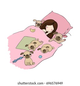 A little girl and cute pugs are sleeping on the bed. Good night. Sweet dreams. Vector illustration. bed time. Isolated objects on white background. Happy dogs