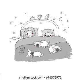 A little girl and cute pugs are sleeping on the bed. Good night. Sweet dreams. Vector illustration. bed time. Isolated objects on white background. 