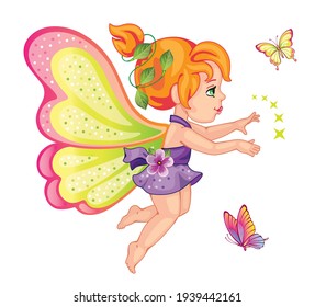 A little girl. Cute small fairy. Beautiful Elf princess. Set butterflies with colorful wings on white background. Toy or doll. Children's isolated illustration for print or sticker. Wonderland. Vector