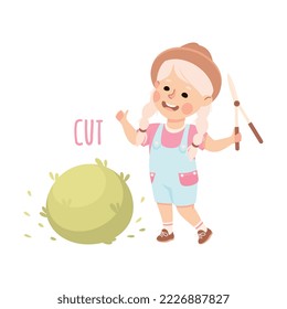 Little Girl Cutting Bush with Garden Pruner Demonstrating Vocabulary and Verb Studying Vector Illustration