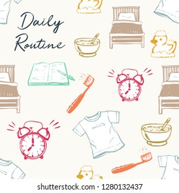 Little girl daily routine cartoon seamless pattern. Bed, white t-shirt, bath rubber duck, open exercise book, meal, toothbrush, alarm. Cute modern flat vector illustration on white background.
