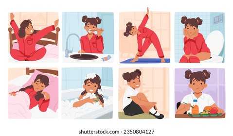 Little Girl Daily Routine. Character Wake Up, Brushes Teeth, Exercise, Eat Breakfast, Get Dressed, Munching School Lunch or Dinner, Taking Bath and Sleep at Bedtime. Cartoon People Vector Illustration