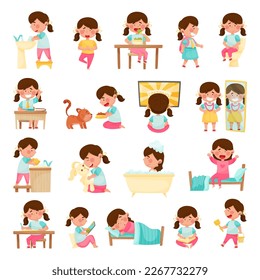 Little Girl Daily Routine and Day Activity Big Vector Set