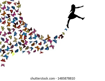 Little girl dancing with butterflies. Vector illustration