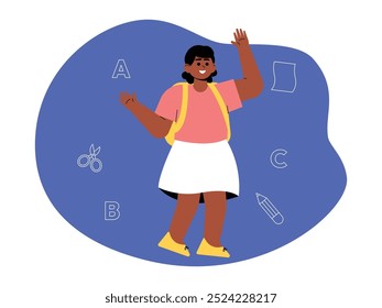 Menina dançando empolgadamente enquanto volta à escola, ilustração vetorial.