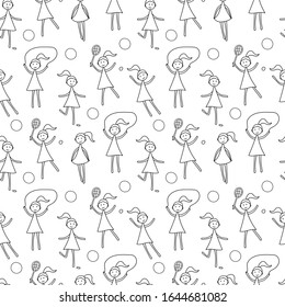 Little girl dancing, playing, jumping. Contour image. Seamless vector pattern on a white background
