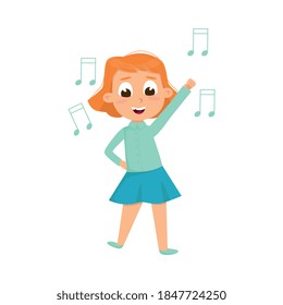 Little Girl Dancing and Singing to Music Vector Illustration