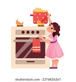 Little Girl in Dangerous Situation Touching Hot Pot on Stove Being Unsafe Vector Illustration