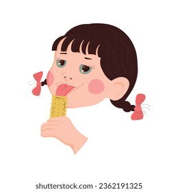 little girl with dark hair eats cookies and rejoices. cheerful child. mood. cookie. sweets vector illustration.