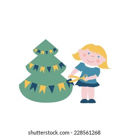 Little girl decorates Christmas tree with flags garland