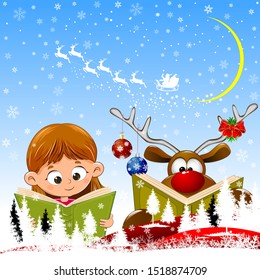 Little girl and a deer with a book in their hands. Christmas scene. Santa on a sleigh with deers. Winter night, snowflakes and snowy forest.
