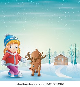 Little girl with deer on the snowy village