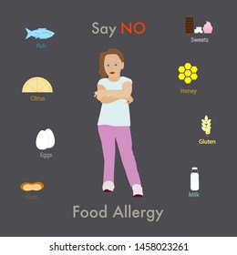 Little girl in demand position with icons of food allergen elements around her on dark grey background. vector illustration of prohibited food items. Text say No food allergy 