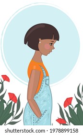 Little girl in denim overalls on the background of a circle and poppy flowers. Vector illustration