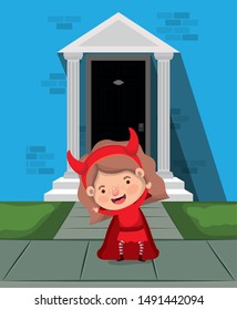 little girl with devil costume in house entrance character