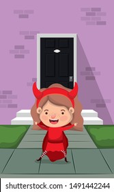 little girl with devil costume in house entrance character