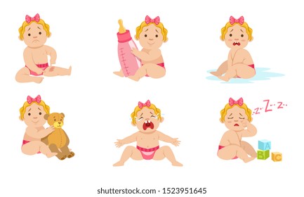 Little girl in a diaper is uncomfortable. Vector illustration.