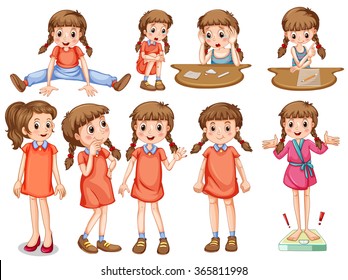 Little girl in different actions illustration