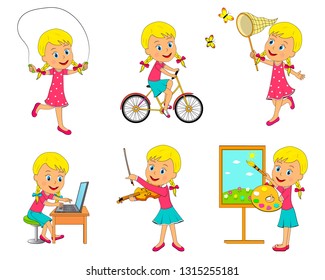 little girl different activity collection,illustration,vector
