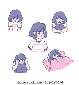 Little girl in different emotions character design of vector. Doodle illustration style.