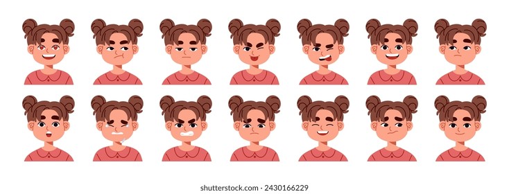 Little girl different emotions set. Kid avatars with various facial expressions, gestures: sad, happy, surprised, shy. Child smile, cry face. Flat isolated vector illustration no white background