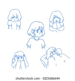 Little girl in different emotions vector character designs in doodle illustration style.