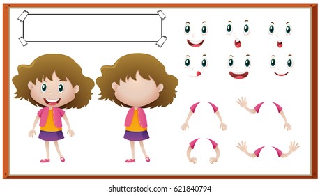 Little girl with different expressions illustration