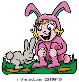 Little girl disguised as a bunny, vector image.