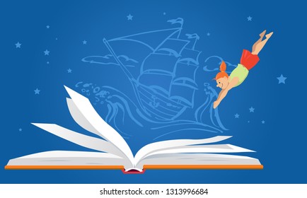 Little girl diving in an open book, old-time sailing ship on the background, EPS 8 vector illustration